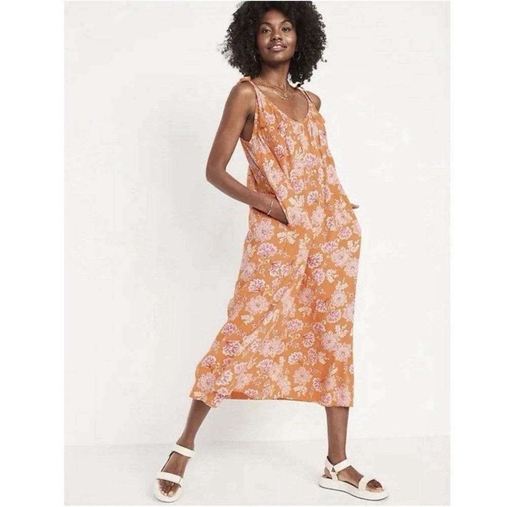 Old Navy Floral Maxi Dress Orange XL Shoulder Ties Hippie Summer Garden Boho